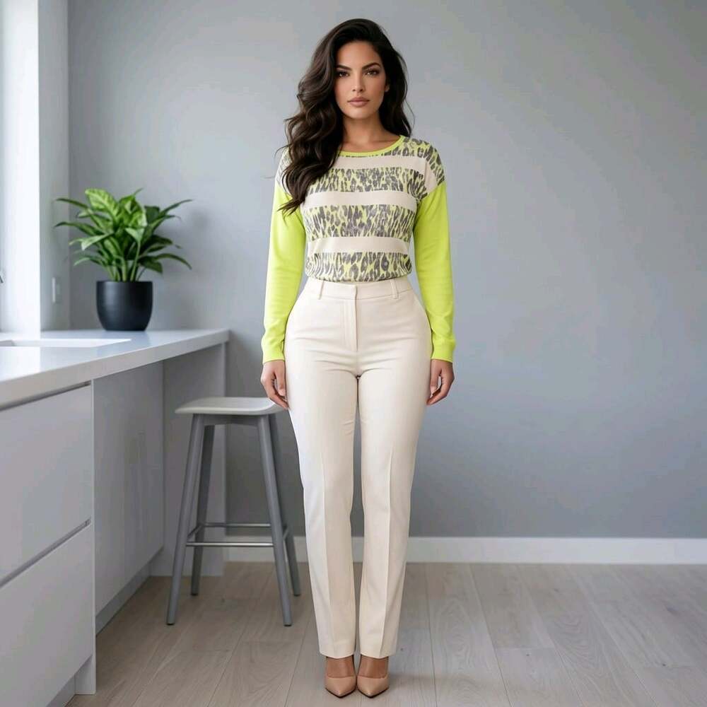 Neiman Marcus Cashmere Silk Wool Chartreuse Gray leopard Print Pullover sweater